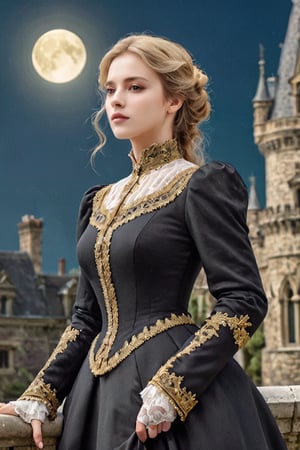 Elegantism, opulent scene, full portrait of a Victorian lady, heroic, black clothes, gold trim, full moon, castle, head and shoulders portrait, 8k resolution. (masterpiece, top quality, best quality, official art, beautiful and aesthetic:1.2), (1girl:1.4), upper body, blonde hair, portrait, extreme detailed