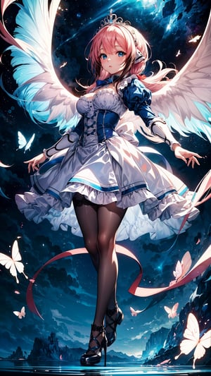 (best quality, masterpiece, illustration, designer, lighting), (extremely detailed CG 8k wallpaper unit), (detailed and expressive eyes), detailed particles, beautiful lighting, a cute girl, long hair, wearing a teddy bear tiara, donning a beautiful blue and white dress with ruffles and lace, sheer pink stockings, transparent aquamarine crystal shoes, bows around her waist (Alice in Wonderland), butterflies around, (Pixiv anime style),(manga style), ((floating in sky)), flowy dress, floating, bubble, dark blue background,Hair with scenery, starry sky,dynamic pose,ikaros