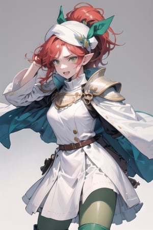 orc, 1girl, colored skin, green skin, orange eyes, freckles, red hair, long hair, ((ponytail, dreadlocks)), pointy ears, fangs, long sleeves, white shirt, white skirt, ((white armored sash)), ((white and green armored boots)), ((white and green cleric hat)), cleric outfit, white cape, muscular, perfect anatomy, female_solo, (insanely detailed, beautiful detailed face, masterpiece, best quality, detailed, detailed background, 8k, 4k, detailed shaders, glow effect, play of light, high contrast), score_9, score_8_up, score_7_up, highest quality, 8K, RAW photo, source_anime, perfect face, upper_body, shewoworc