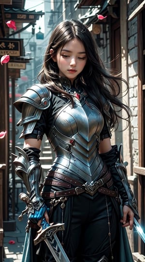 1girl, solo, long hair, black hair, holding, closed mouth, standing, closed eyes, weapon, cowboy shot, sword, holding weapon, armor, petals, holding sword, shoulder armor, gauntlets, pauldrons, breastplate