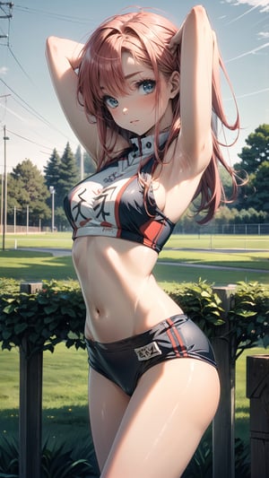 yoko littner,Beautiful illustration, top-quality,  thin hair:1.3, side blaid:1.3, pale skin:1.1, (beautiful, 20 years old:1.5), slim, slender, (small-medium breasts), (track and field Uniform), gym in background, arms behind back, arms up on head, a navel、bare-legged、blue eyess、lovely thighs、glowing thigh, green track and field uniform top, green nylon buruma, (looking straight at the viewer), (view viewer:1.3), (upper body:1.3), top angle, at night track and field, 