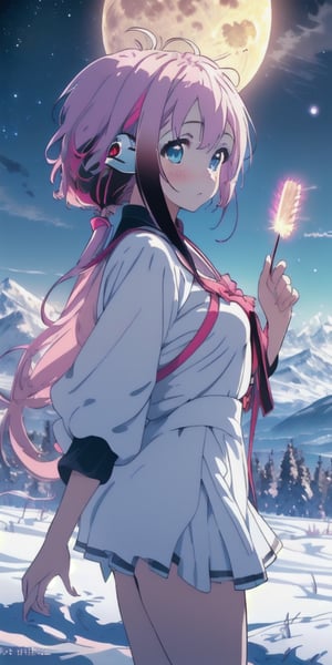 (Masterpiece), (Best Quality), (Official Art, Highly detailed CG unity 8k wallpaper), (Very detailed), (((absurdes)), 1 Girl, Midshot, (exquisite facial features), ((Clean hands)), (White Nissso without shoes)), ikaros,  magenta_hair,  Eye, Colored Contact Lenses, Stars in the Snow, Colorful glass, (album cover) expansive landscape photograph, (Up in the sky, Fields below), a girl standing on a electric field looking up, (full moon: 1.2), distant mountains, 