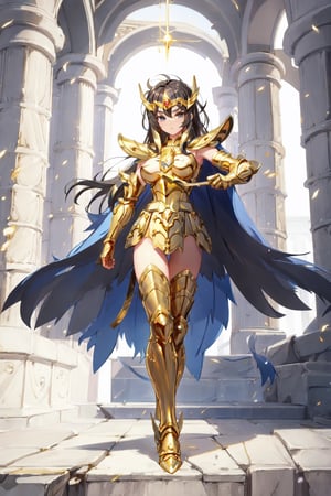 absurdres, highres, ultra detailed,Insane detail in face,  (nsfw, girl,  big breasts), Gold Saint, Saint Seiya Style, (((Gold Armor))), Full body armor, no helmet, Zodiac Knights, (((white long cape))), black hair, Asian Fighting style pose, gold gloves, long hair, long white cape, messy_hair, black eyes, full body armor, beautiful old greek temple in the background, full leg armor,,bg_imgs,  bare_shoulder