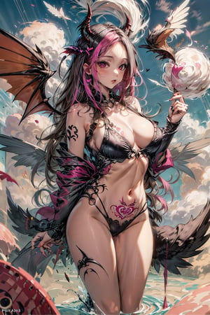 masterpiece, best quality, Succubus queen, big wings,  long tail,  heart shape at the end of tail,  adult woman, (portrait:0.8),phlg,  black hair,  pink highlight,  no bra,womb_tattoo,no_bra,  floating_hair,  floating, sky