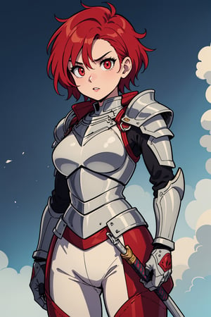 cute female knight with red hair and red eyes, wearing light armor and wielding a greatsword,,armor, powerful,mini, lions