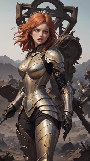 bright ginger hair A fierce warrior princess stands victorious amidst the carnage of battle-scarred terrain, her piercing cry echoing through the desolate landscape. She's surrounded by the lifeless bodies of her fallen comrades, their armor and weapons scattered about like a grisly halo. The princess's face contorts in rage as she surveys the devastating aftermath, her golden hair tangled with sweat and tears.,disgusted face,armor