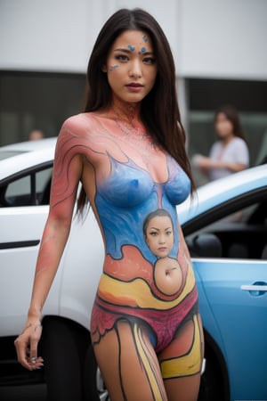 1girl, realistic, solo, (masterpiece:1.2), best quality,body_painting, Body painting is a form of body art where artwork is painted directly onto the human skin., a woman in a body paint costume standing next to a car