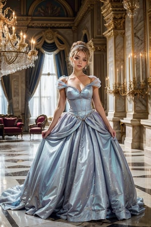 cinderella, full body:1.1,crystalline_style, A girl in a modern, elegant ball gown, styled with a sleek updo and minimalist jewelry. She should have a confident, regal expression. The background is a luxurious modern palace, with clean lines, high ceilings, and extravagant chandeliers. The photo should be shot in high definition, with a sharp focus on the subject and a soft, blurred background for a captivating portrait,masterpiece,