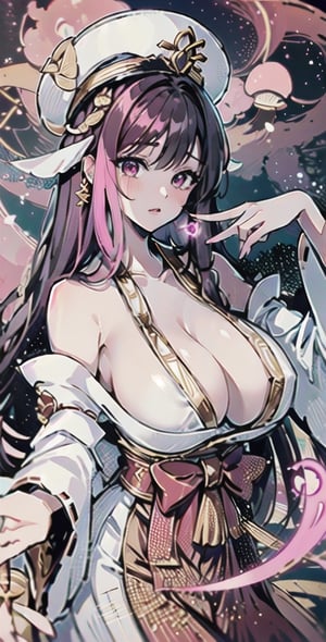 This is a description of an incredible illustration featuring a beautiful  casting a spell surrounded by planets.  wearing stunning white, pink, and gold clothes with a adorned with pink jewels. The celestial environment is breathtaking, filled with delicate mushrooms and dynamic lighting that adds a magical touch. herself has elegant and detailed facial features, mesmerizing pink eyes, and flowing brunette hair. The illustration is full of vibrant colors, hyper-detailed features, and a mystical atmosphere. It seamlessly blends fantasy and science fiction and will leave you in awe.,xjrex,miko ,, 1girl, , kocal, black hair, pink highlight, , no_bra
