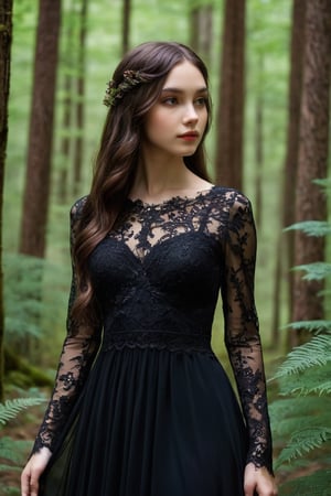 1girl, solo, detailed skin texture,pure skin, full_body,  detail, forest, long black dress,  lace
