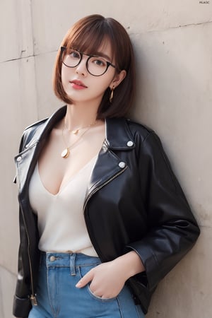 1girl, necklace, earrings, eyewear, sweater, sexy, against_the_wall, glasses,  black jacket, jewelry, long hair, jacket, brown hair, bob_cut