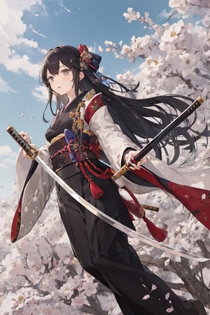 Illustration of a girl ,a Japanese sword, kanata . The girl is carrying a Japanese sword. The girl is wearing a beautiful pink and navy blue kimono. She has long black hair and a flower hair ornament.,Sword, jumping in the sky