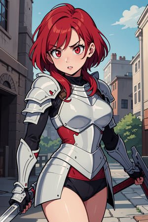 cute female knight with red hair and red eyes, wearing light armor and wielding a greatsword,,armor, powerful,mini