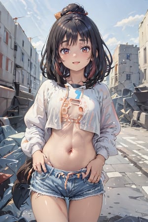  (happy), Kyoto animation style, (high quality, super detailed, perfect anatomy, masterpiece), one cute girl, petite, brunette hair, white hoodie with orange pattern, crop top, belly button, denim shorts, discarded Castle ruins, morning, blue sky, akemi,kocal