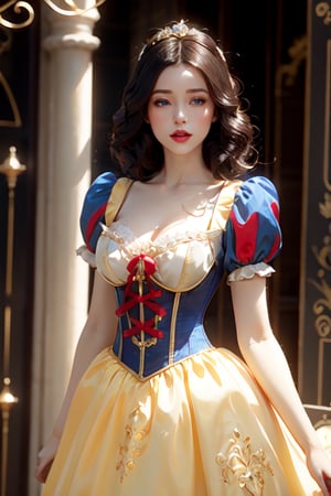 Sexy pinup model, Disney princess snow white, high_res,  detailed eyes, , tight blue corset, , yellow dress, fluffy hair, magical ,snowwhite
