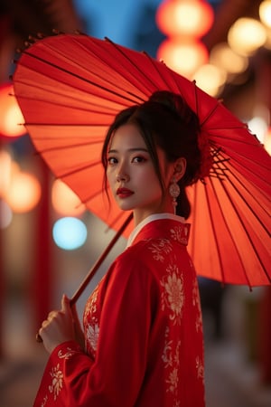 photorealism, (upper body), (portrait:1.2), KOLNB,Hanfu,Eroflo, a woman, beautiful face, red dress, japanese umbrella, bokeh, Chinese festival street, (nigh street:1.2), depth of field, columns, temple, lanterns.
Best quality, uhd, 8k, hyper detailed,Ahri,sexy,girl