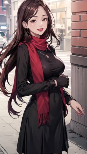 brown_hair, long_hair, scarf, black_clothes, red_lips, red_lipstick, brown_eyes, smile, medium_breast, necklace, smile, red_scarf, black_coat, brunette, light_brown_skin,  comic style 