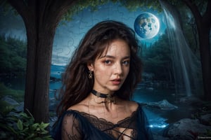   adult woman,  (portrait:0.8),  (close-up:0.8)beautiful eyes,beautiful hair, absurdres,((Masterpeace, 4k, 8k, highres)),epic scenery,solo(dead (black blue ,beautiful,mystical,intricate,detailed,dark  look)),she is killing on the black water, colorful refraction,surreal,intricate,blue sky Overwhelming presence, ((bewitching)), random design, snake_girl, full_body, shibari  ,rope,puzzle_style, puzzle, line