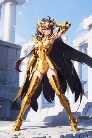 absurdres, highres, ultra detailed,Insane detail in face,  (nsfw, girl,  big breasts), Gold Saint, Saint Seiya Style, (((Gold Armor))), Full body armor, no helmet, Zodiac Knights, (((white long cape))), black hair, Asian Fighting style pose, gold gloves, long hair, long white cape, messy_hair, black eyes, full body armor, beautiful old greek temple in the background, full leg armor,,bg_imgs,  bare_shoulder