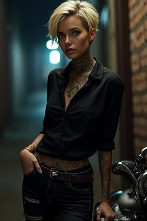 photorealism, Best quality, detailed,sexy,girl, British Female Gangster: A stunning blonde, her short hair styled in a messy chic, blue eyes piercing through the dark. She's a vision in black shirt, ripped jeans, with a symmetrical build that exudes confidence. Her neck is a canvas of intricate tattoos, adding an edgy touch to her already-intimidating presence. Leaning against the bike in an alleyway at night, she radiates a serious, unyielding intensity. Perfect lighting casts deep shadows, accentuating every curve and crease, as if the camera has captured a slice of pure chaos.