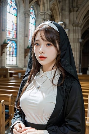 1girl , realistic, solo,  (masterpiece:1.2), best quality,  nun,necklace, outdoors, church, color glass, light, sunlight