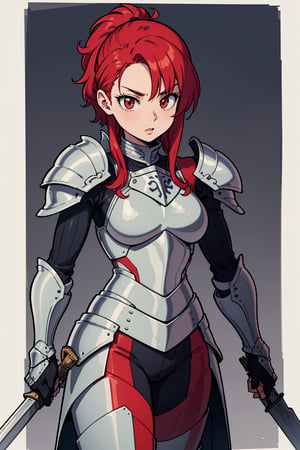 cute female knight with red hair and red eyes, wearing light armor and wielding a greatsword,,armor