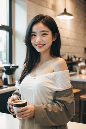 1girl, ((Masterpiece)), (wide shot) 35mm, beautiful cute 24 year young woman in place with black jacket, (wearing a white t-shirt), off left shoulder, (small breasts), (perfect body), bright eyes, (long black straight hair), (skin texture:1.1), (white_skin:1.7), mole_under_eye, best quality, ultra high res, Raw photo, pouring coffee in a cafe as barista, messy walls, ((dramatic lighting)), ((high spirits)), ((smiling)), mouth closed, (cinematic teal and beige tones), muted tones, porous skin of face, No facial stains, centered,sunlight,  hk_gril