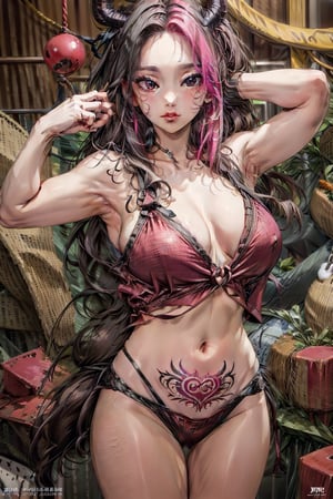 masterpiece, best quality, Succubus queen, adult woman, (portrait:0.8),phlg,  black hair,  pink highlight,  no bra,womb_tattoo,no_bra