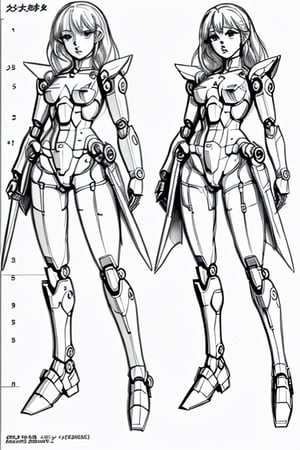 draft, outline, monochrome,  reference sheet, drawing a gundam girl, mechanical