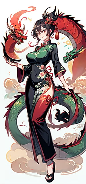 sfw,  1girl, qipao ,dragon-themed,complex background
