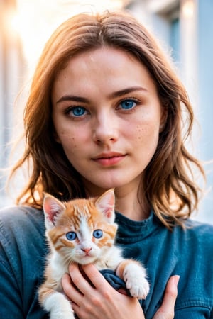 cinematic upper body photo a woman holding a kitten in her hands, ((best best quality)), ((masterpiece)), ((realistic)), (detailed), blush, (masterpiece), absurdres, HDR , . 35mm photograph, film, bokeh, professional, 4k, highly detailed, detailed skin texture, (goosebumps:0.5), subsurface scattering, pure skin, skin pores, blue eyes
