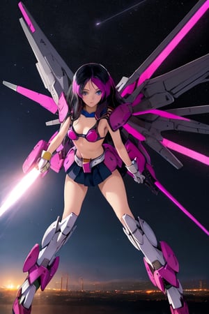 phlg, black hair, pink highlight, no bra,1girl,  realistic, solo, (masterpiece:1.2), best quality,mecha_musume, white, pink, cyan,  metal, mechanical, laser,  floating,  weapons,  flying in night sky,  all stars, ,gundam_girl,