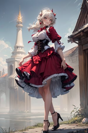 masterpiece,best quality,(fantasy:1.2), christmas 
hat, santa hat, santa cloth, ((standing)), looking viewer,((1girl, solo)),(mature lady),  (professional attire), (ultra detailed classy classic christmas uniform:1.3), (corset:1.3),(layered skirt:1.3), (long skirt(, (pin_heels), (red and white theme:1.3), (hourglass body), (colorful),(delicate eyes and face),volumatic light,ray tracing,bust shot,upper body, extremely detailed CG unity 8k wallpaper,solo,smile, sky,cloudy_sky,night,light,fantasy,windy,magic sparks,fantastic, steam, fog, smog, tea, antique house, fantasy theme, wind ,blowing hair, black long single bun hair, bangs, 