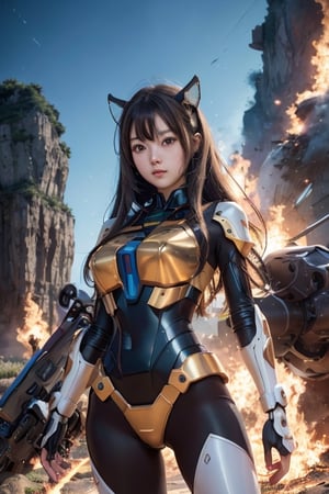 mecha_musume, metal, masterpiece, hyper Realistic, best quality, best quality, Amazing,extremely detailed, unity 8k wallpaper,  beautiful detailed face, extremely detailed CG unity 8k wallpaper, 1girl, asian, masterpiece, best quality, Amazing, beautiful detailed face, 1girl, asian,  mecha musume,  weapons, (furture battalfield background:1.35),colorful , fire
