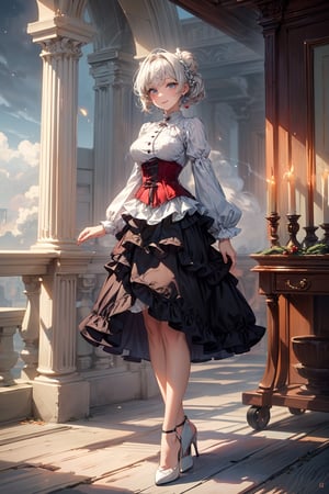masterpiece,best quality,(fantasy:1.2), christmas 
hat, santa,  ((standing)), looking viewer,((1girl, solo)),(mature lady),  (professional attire), (ultra detailed classy classic christmas uniform:1.3), (corset:1.3),(layered skirt:1.3), (long skirt(, (pin_heels), (red and white theme:1.3), (hourglass body), (colorful),(delicate eyes and face),volumatic light,ray tracing,bust shot,upper body, extremely detailed CG unity 8k wallpaper,solo,smile, sky,cloudy_sky,night,light,fantasy,windy,magic sparks,fantastic, steam, fog, smog, tea, antique house, fantasy theme, wind ,blowing hair, black long single bun hair, bangs, 