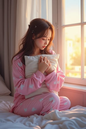 photorealism, Best quality, detailed,sexy,girl, beautiful young woman in cute pajamas hugs a pillow and sits by the window in her room, sleepy, dawn, good mood, funny, Watercolor painting technique, ultra detailed, beautiful, 