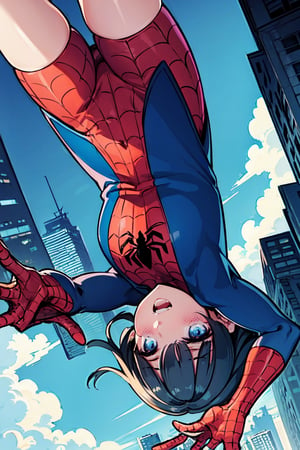  1girl,  upside-down,,  falling down from sky,  cityscape,  spider_girl,spider-man costume