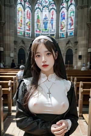 1girl , realistic, solo,  (masterpiece:1.2), best quality,  nun,necklace, outdoors, church, color glass, light, sunlight, nsfw
