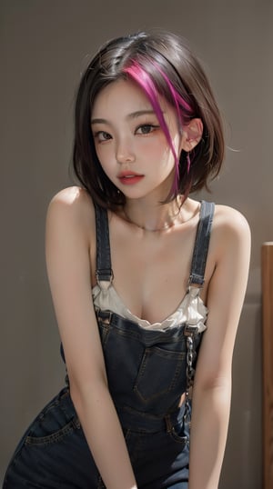 a 20 yo woman, soothing tones, muted colors, high contrast, (natural skin texture, hyperrealism, soft light, sharp), simple background, (looking_at_viewer), absurdly short hair, messy hair, black hair, medium breasts, upper body shot, (leaning forward:1.4), overalls, loose sling straps, ,1girl, , kocal, black hair, pink highlight,