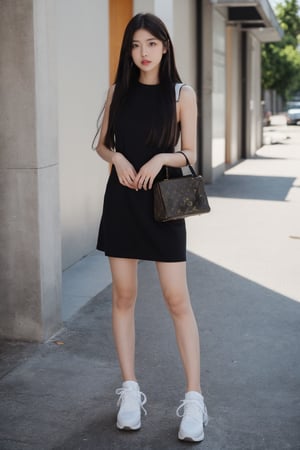 1girl, solo, long hair, black hair, dress, standing, full body, shoes, bag,louis vuitton bag, white footwear, sneakers, photo background,Perfect lips