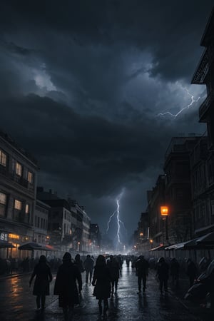 A dramatic night shot of a cityscape as strong storm clouds gather, with flashes of intense lightning illuminating the dark sky. People scramble for cover on rain-soaked streets, their faces etched with fear and dread as thunder booms through the air.