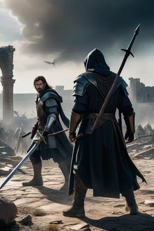 In this high definition portrait, a masterpiece in 8k, two men engage in a fierce battle in the desolate landscape of a ruined city. In the foreground and main frame, a wizard, dressed in dark robes and brandishing a staff, faces a warrior, in chainmail armor and sword at the ready. The air is thick with fear and rage as the two enemies prepare for confrontation. The combatants’ faces are determined and their bodies tense with the anticipation of the impending battle.