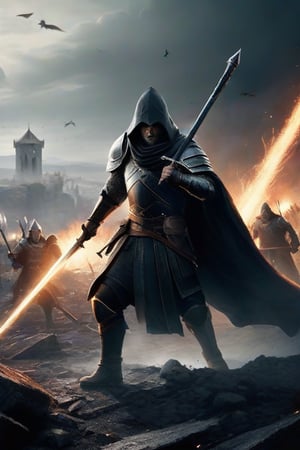 In this high definition portrait, a masterpiece in 8k, two men engage in a fierce battle in the desolate landscape of a ruined city. In the foreground and main frame, a wizard, dressed in dark robes and brandishing a staff, faces a warrior, in chainmail armor and sword at the ready. The air is thick with fear and rage as the two enemies prepare for confrontation. The combatants’ faces are determined and their bodies tense with the anticipation of the impending battle.