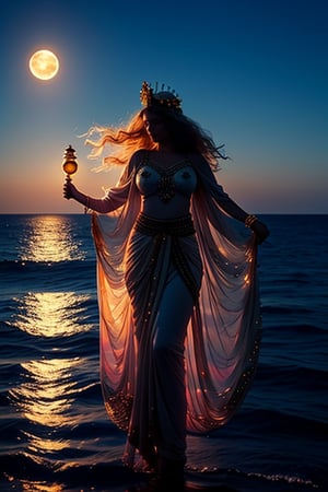 Night falls over the open sea as a stunning woman suspended in mid-air, her light brown skin glowing in the soft moonlight. Her long, wavy hair flows gently with the night breeze as she wears a golden crown adorned with flowers and a large shining disk at its center. A linen garment woven in shades of white, yellow, and pink drapes across her body, covered by a black garment embroidered with gold braids and stars. The 15-day Moon casts fiery rays upon her. In one hand, she holds a tambourine with wire bells; in the other, a golden jug. Her divine feet are adorned with palm-leaf sandals as she appears to be suspended above the sea, surrounded by the darkness.