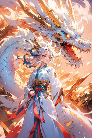 masterpiece, top quality, best quality, official art, beautiful and aesthetic:1.3), (1girl:1.4), white color hair, red hanfu fashion, chinese dragon flying in the sky, golden line, volumetric lighting, ultra-high quality, photorealistic, sky background, dynamic pose, detailed_background, 8k illustration, DonMChr0m4t3rr4, Hair length to waist,  mecha, ASU1, supersaiyan,rototech,Cyberpunk,dragonbaby