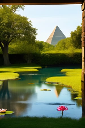 A serene landscape: A majestic lotus flower gently floats amidst a tapestry of vibrant water lilies, its delicate petals swaying softly in the breeze. The tranquil pond stretches out before us, reflecting the grandeur of ancient pyramids rising majestically into the sky, their weathered surfaces glistening with an air of mystique.