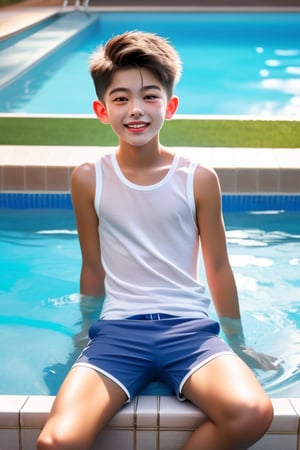 Androgynous kid man, happy in a pool with small shorts that fit his slender figure