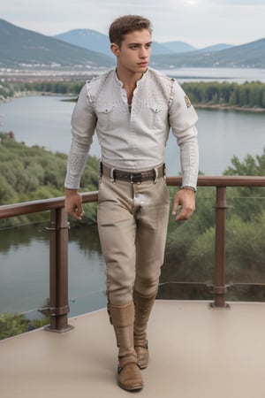 High definition and super realistic photography, A dynamic full body shot of a handsome young man facing front, slim, fair skin, short hair, big eyes, oval face, he is wearing medieval clothes, his clothes reveal his slender figure and flat stomach, and he is wearing light brown fine linen trousers, in the background he is on a balcony looking at a large lake with mountains in the distance. Realistic skin, best quality, intricate detail, high resolution, full shot photography, full body, head to toe photography,