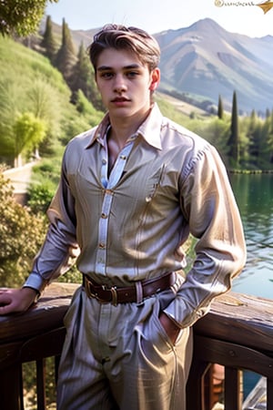 High definition and super realistic photography, A dynamic full body shot of an Extremely handsome 18 year old young man, slim and wiry, fair skin, short hair, big eyes, oval face, He is wearing medieval clothing, thin linen trousers and a light brown Greek-style long shirt, in the background she is on a balcony watching a large lake with mountains in the distance. realistic skin, best quality, intricate detail, high resolution, full shot photography, full body, head to toe photography,