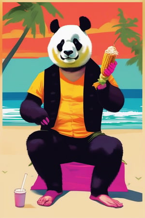 
/imagine prompt: a panda eating a corn burger on the beach, gangster outfit, birds eye view, caricature, flat design, bold colors, bright colors, brilliant colors, enoch bolles